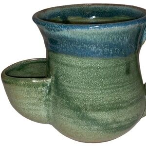 Handmade MudWorks Pottery Tea Bag Mug Coffee Cup Green & Blue Drip Glaze